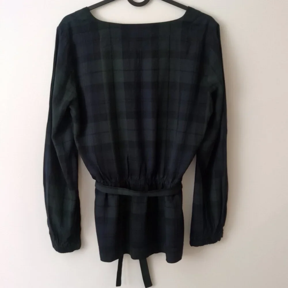 J Crew Mercantile Womens Sz 4 Faux Wrap Blouse Green Plaid Long Sleeve Viscose - Picture 2 of 7